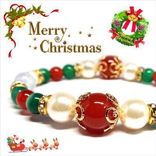 【Happy Xmas♪】天然石カーネリアン＆オパール クリスマスデザインブレスレット [10mm]
