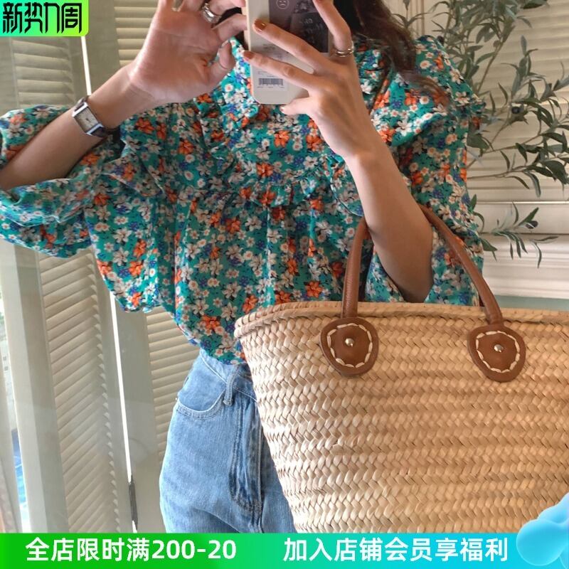 スタンダードフローラルシャツ スタイルカラースプリングトップス レディース ロング レトロ 春物 花柄 ビッグFスモールZ韓国61983352348