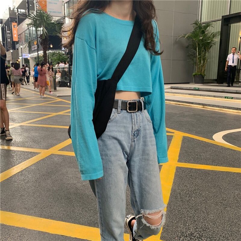 トップス オータムショートハイウェストシャツ ルーズニットTシャツ ロング 秋物 萌量不足27455968667