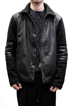 00's "PRADA UOMO" Black Leather × Wool Knit Combination Double-Zip Jacket (Design by Miuccia Prada)