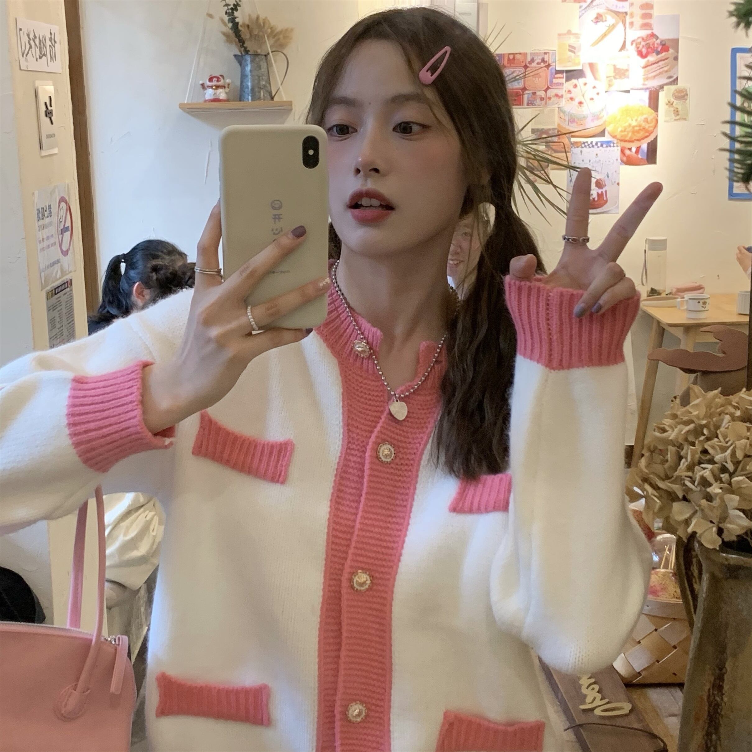 オータムウィンターニットカーディガンジャケット セーター ピンク 大人ガーリー スウィート キュート カジュアル 秋物 冬物 萌量不足96193757255