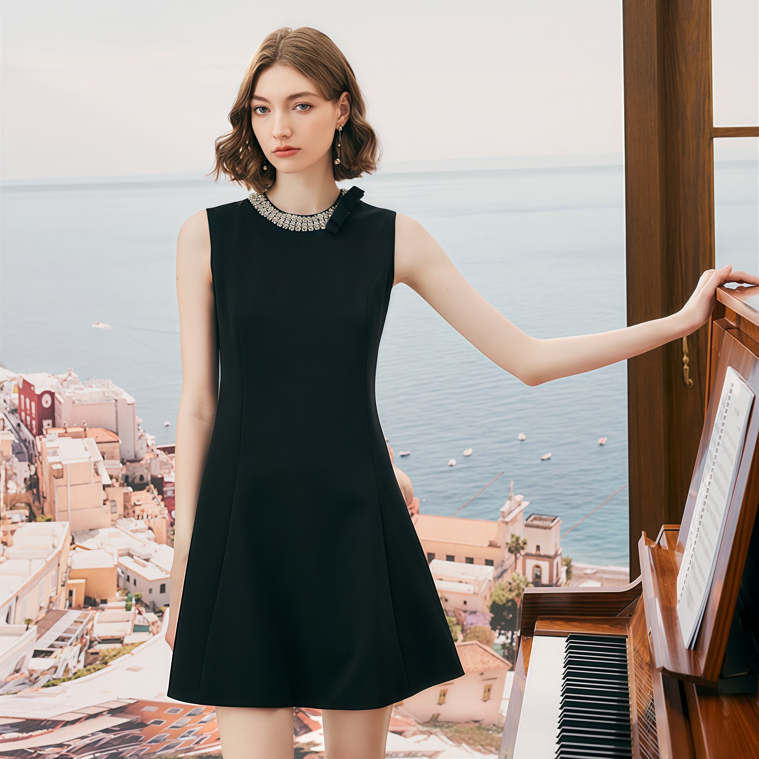 【dress】リボンラインストーン付きミニワンピース N3186