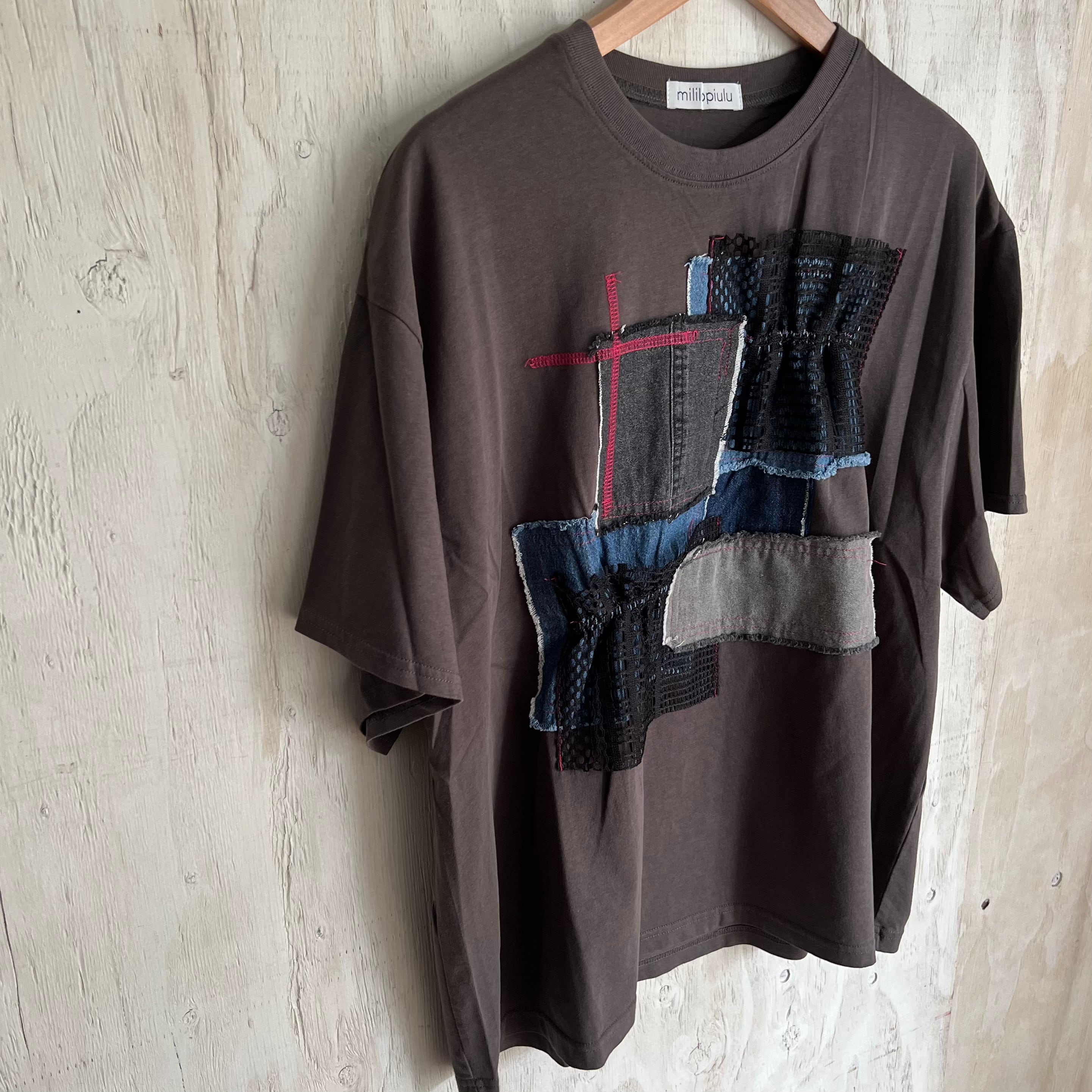 異素材がつくる主役級トップス / レースMIXデニムパッチTシャツ/mililopiulu TF226992