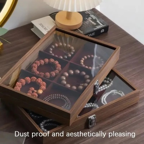 ジュエリーボックス アクセサリーボックス 収納 ブレスレット リング 指輪 蓋付き ガラス 木製 (6/9/12グリッド) イヤリング ユニセックス モダン ナチュラル ブラウン レッド 茶色 赤