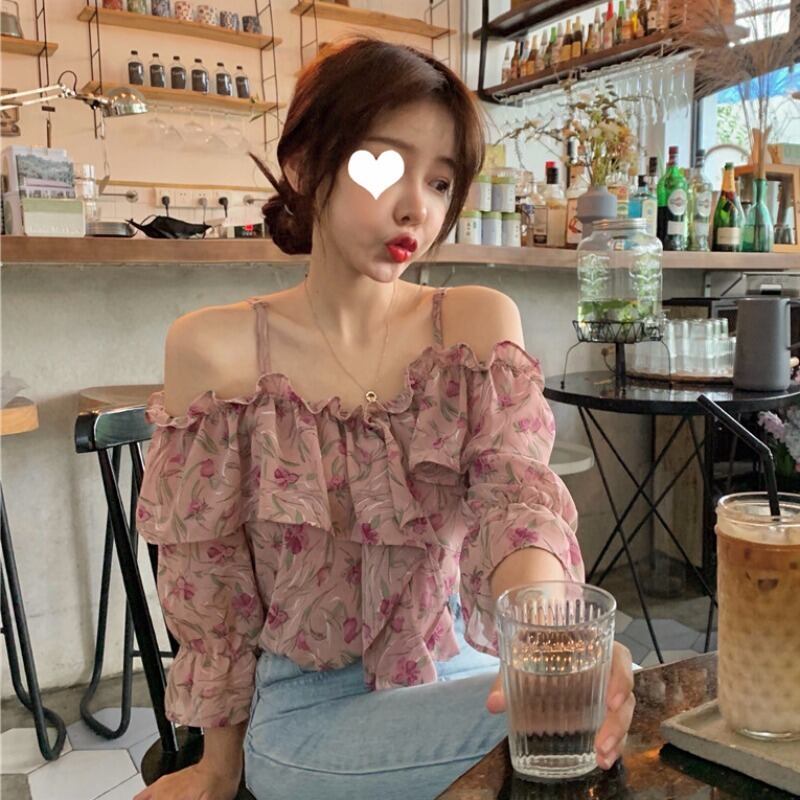 女性の2020年春の新しいストラップレススリングフリルフローラルは非常に妖精の5ポイントスリーブシフォンシャツネットレッドエインエアシャツです 1号婦人36054725534