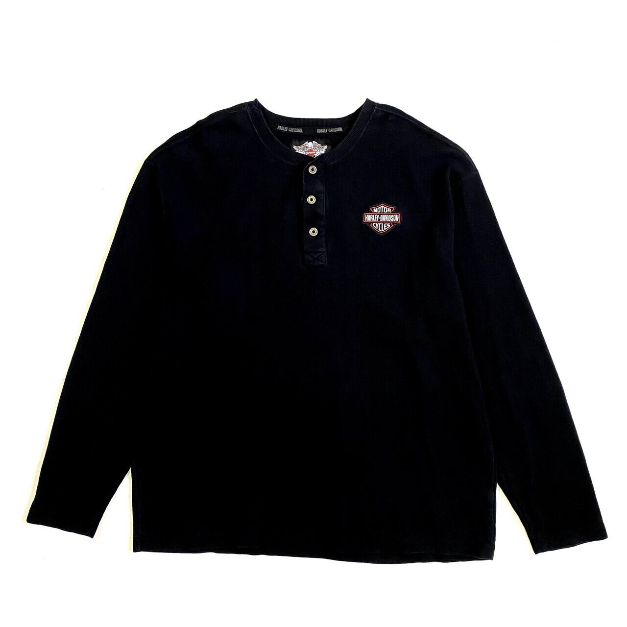 希少サイズ☆ハーレーダビッドソン 両面刺繍 ヘンリーネック ワッフル