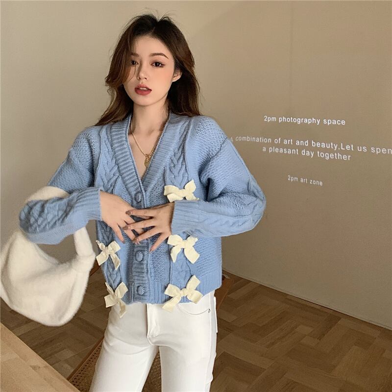 セーター ショートルーズニットトップス スプリングオータムリボンブルーカーディガンジャケット 春物 秋物 ブラックストロベリース30026588223