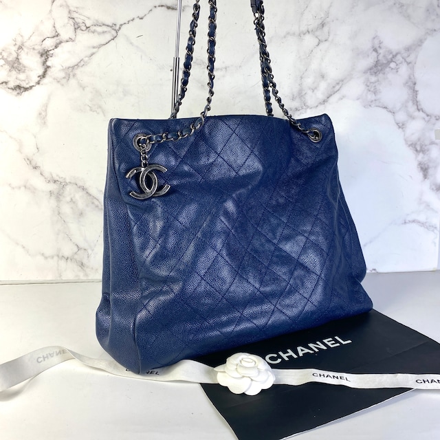 【最終処分SALE】CHANEL シャネル マトラッセ ココマーク キャビアスキン トートバッグ ブルー A-7517