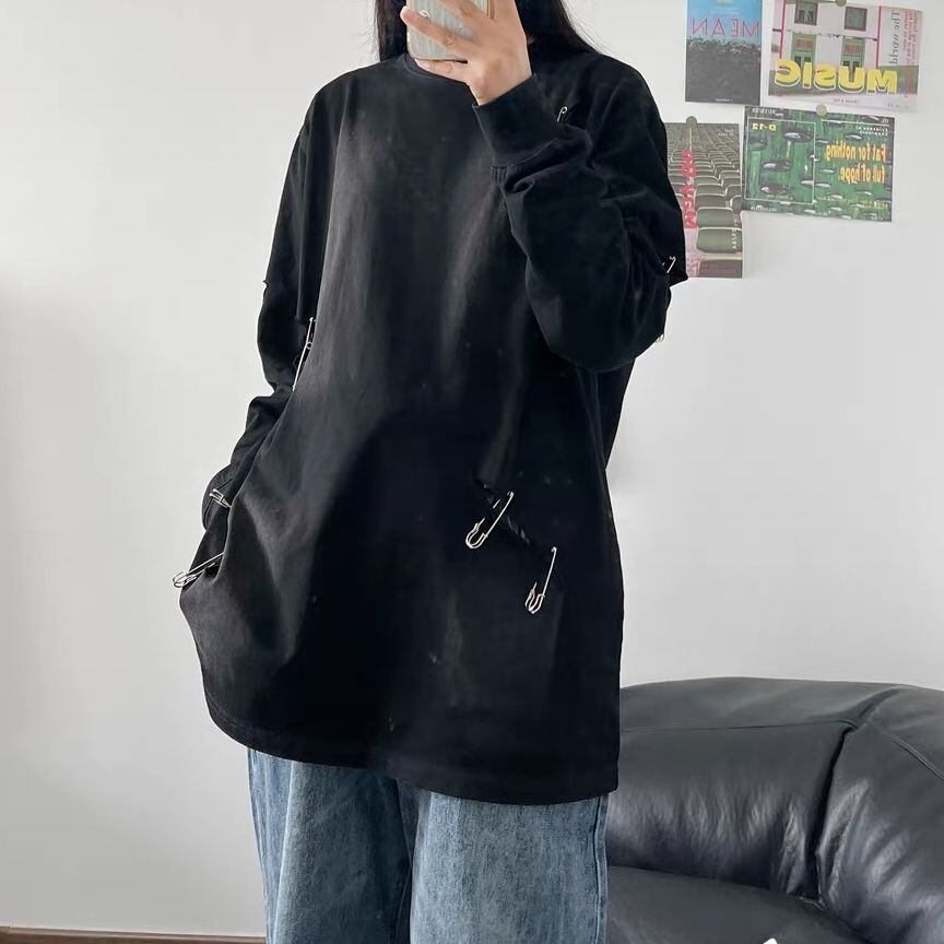 Tシャツ 安全ピン ダメージ加工 ウォッシュ加工 オーバーサイズ ロンT