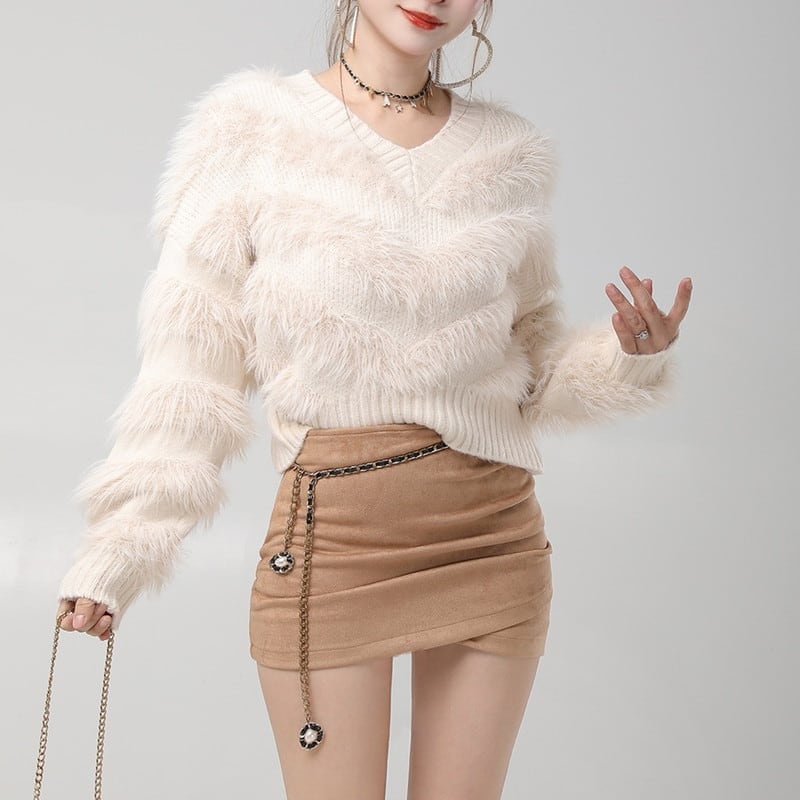 cropped v-neck fluffily fur-knit la2257
