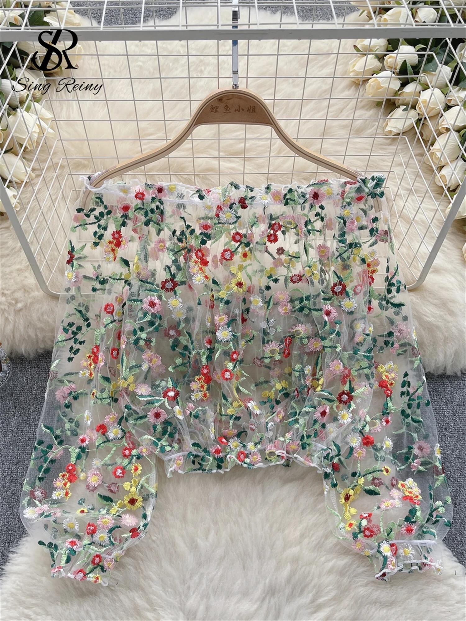 Sing補強-女性のメッシュ刺繍クロップドトップ、透明なデザイン、スラッシュネック、オフショルダー、カジュアル、ルーズブラウス、ファッション、夏、2023_265