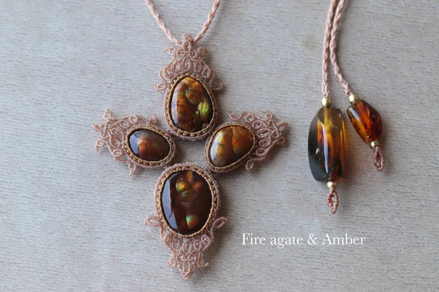 [Fire agate and amber]  Pendant   -atom-