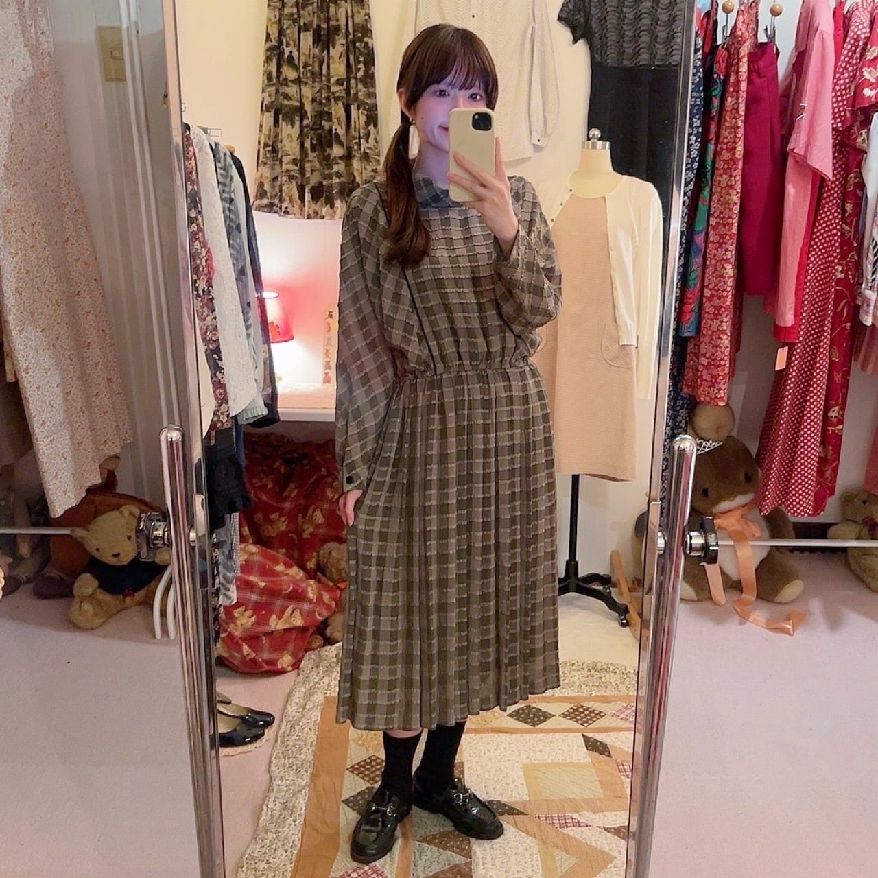green frill check round collar one-piece