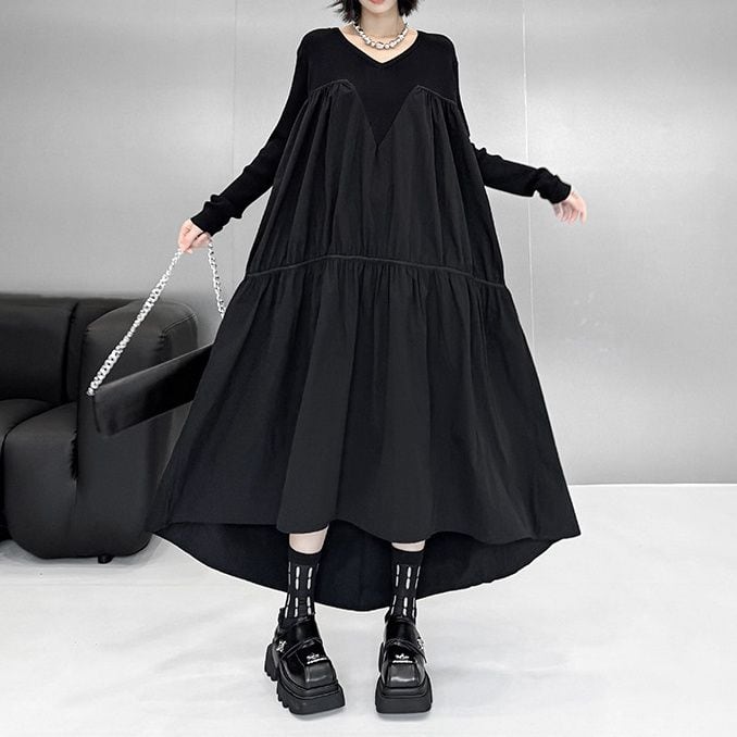 BLACK KNIT STITCHED V-NECK A-LINE LONG DESIGN DRESS 1color M-15328