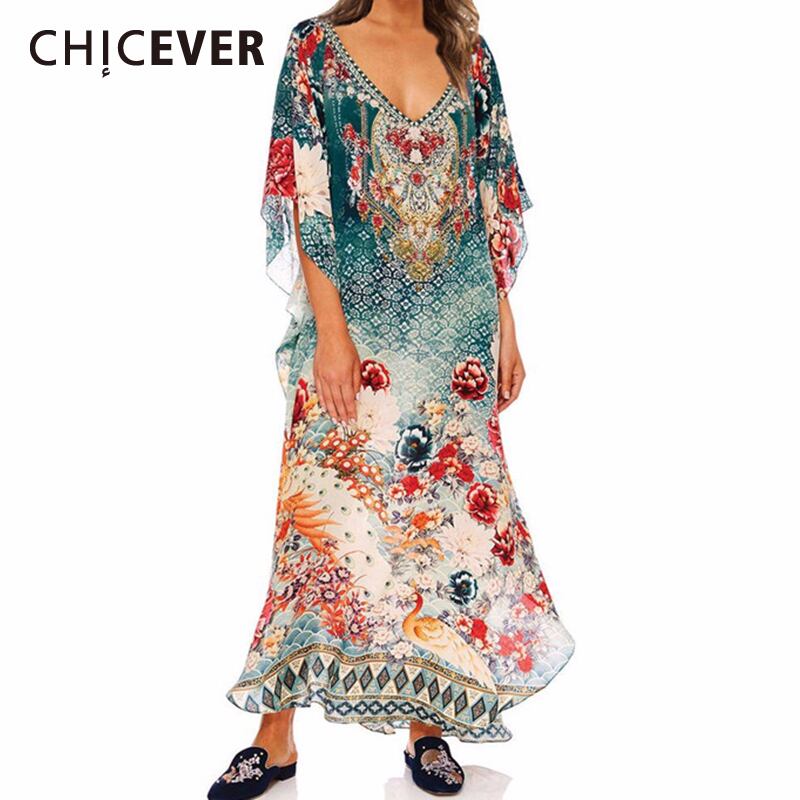 CHICEVERシフォンビーチドレスレディースVネックハーフスリーブプリントヒットカラーフリーサイズルーズマキシドレス春夏 半袖 スプリング 春物 サマー 夏物 6base574205125286