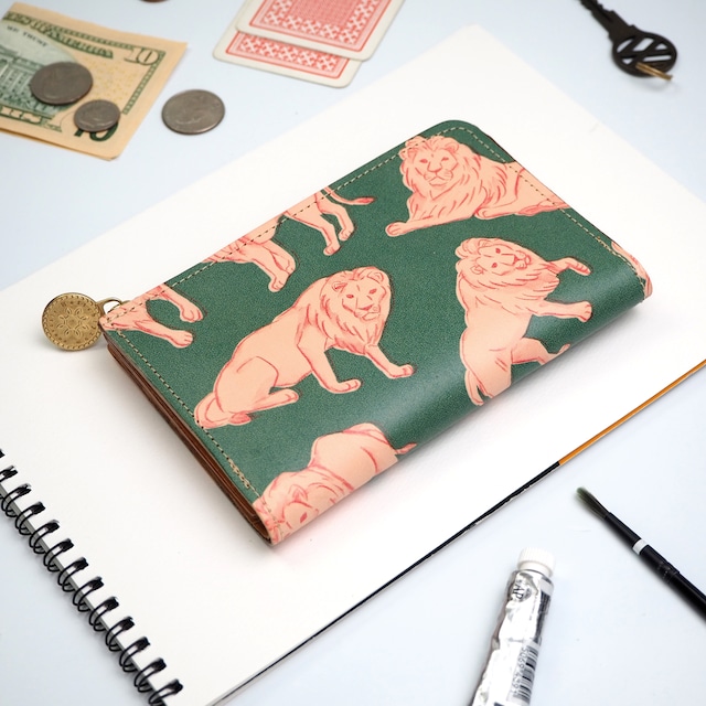 L-shaped zipper middle wallet (lion) cowhide compact animal pattern
