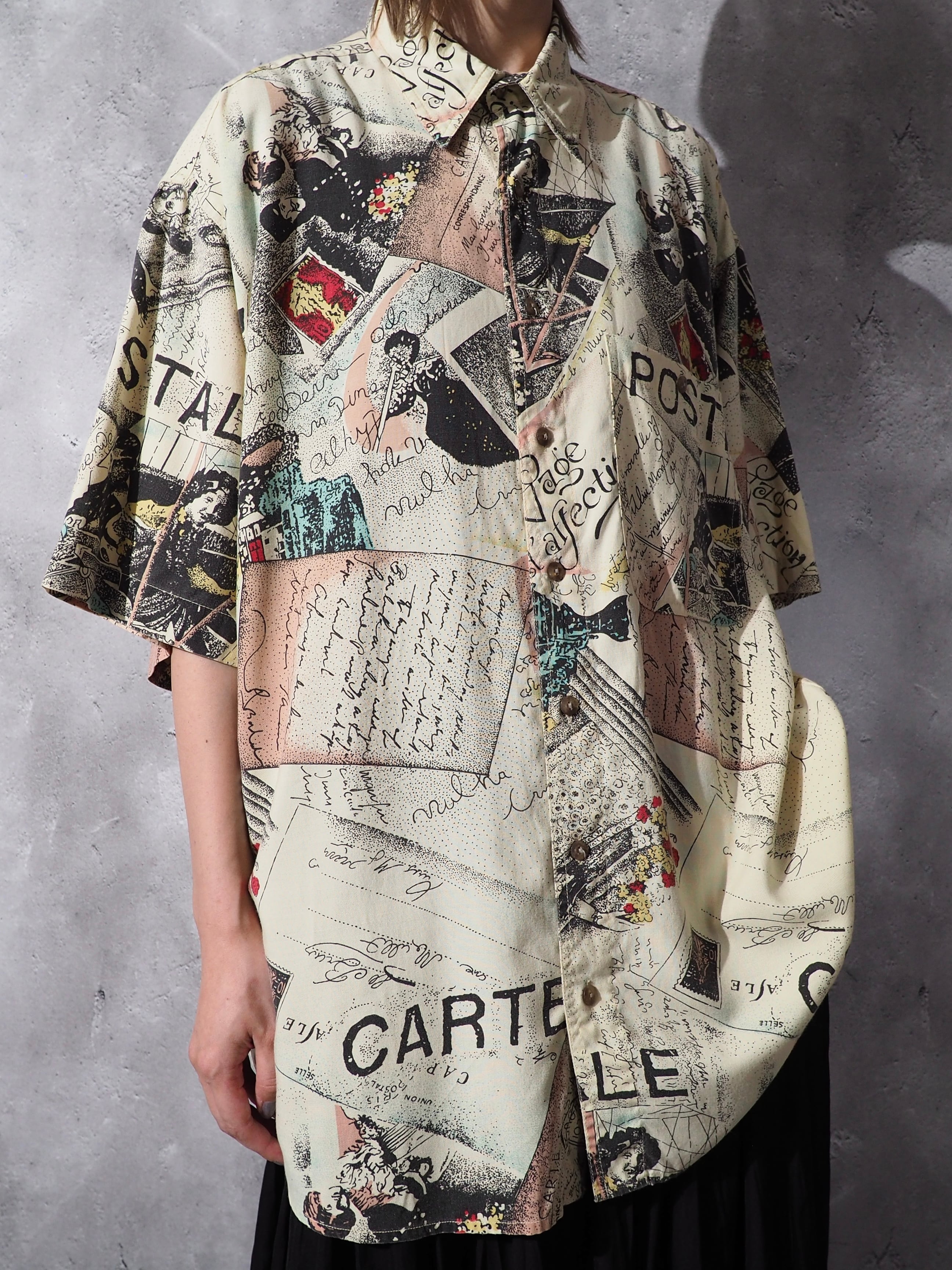 1980-90s letter paper art design vintage rayon shirt