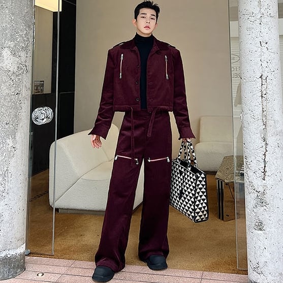 【予約販売】メンズ セットアップ 上下 長袖 コーデュロイ ブラック ワイン ショート丈 ジッパーデザイン 男前 韓国 パンツ セット カジュアル 韓国 トレンド M/L/XL