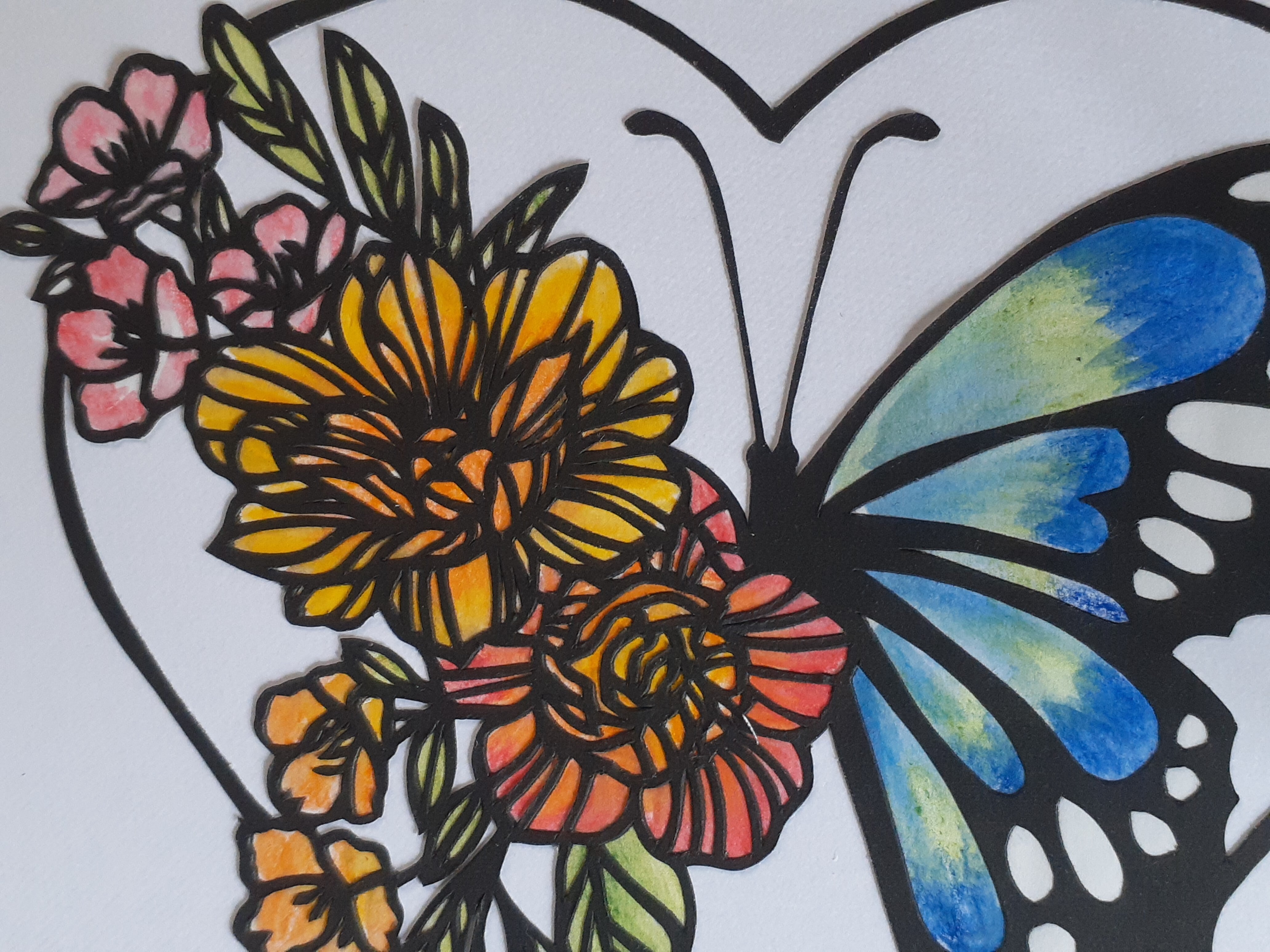 大きい 蝶と花の絵画【額付き】-