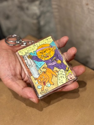 オリジナル手描きドローイングキーホルダー四角形「動物をかわいがってね」