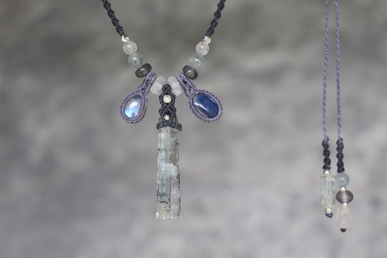 Aqua marine & Rainbow moonstone & Kyanite micro macrame necklace