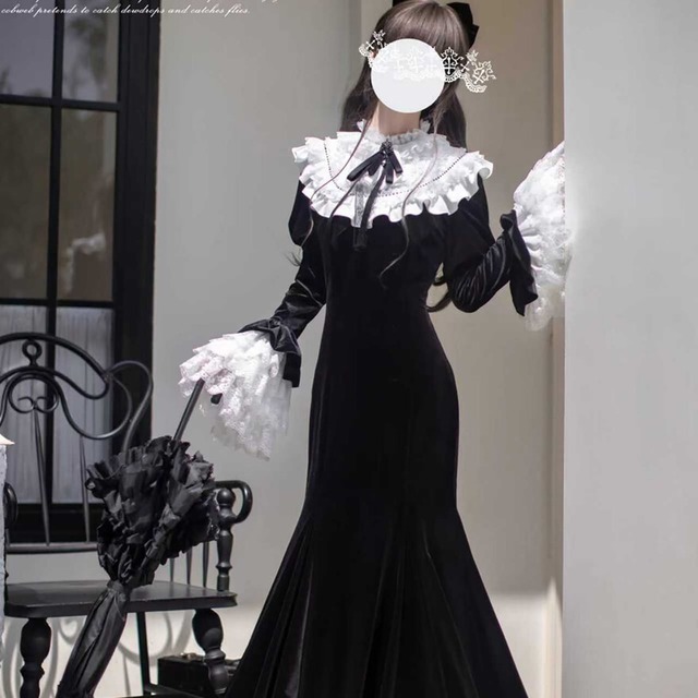 ゴスロリ地雷系 ロリィタ フィッシュテールドレス ベルベット エレガント 袖コンシャス 豪華 胡桃木