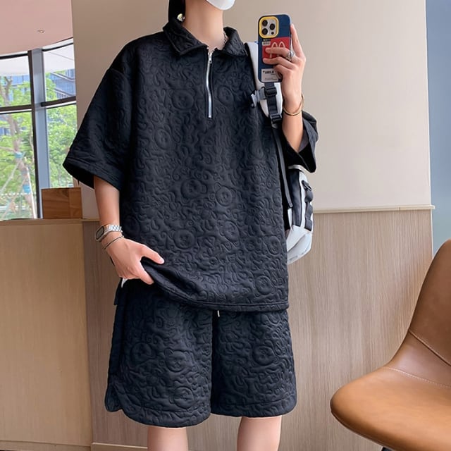 【予約販売】メンズ セットアップ シンプル 半袖 ハーフパンツ クマ ベアー柄 ブラック/ホワイト/グレー スエット カジュアル 部屋着 カジュアル パンツ セット ジャージ ジム スポーティー ダンス ジム 韓国 トレンド 大きいサイズ M/L/XL/2XL/3XL