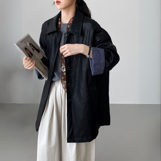 フェイクレザー ミドル丈 ラペルジャケット ◆2color　204422