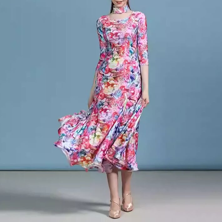 スカーフ フラワープリント ミモレ ダンスドレス ds1495