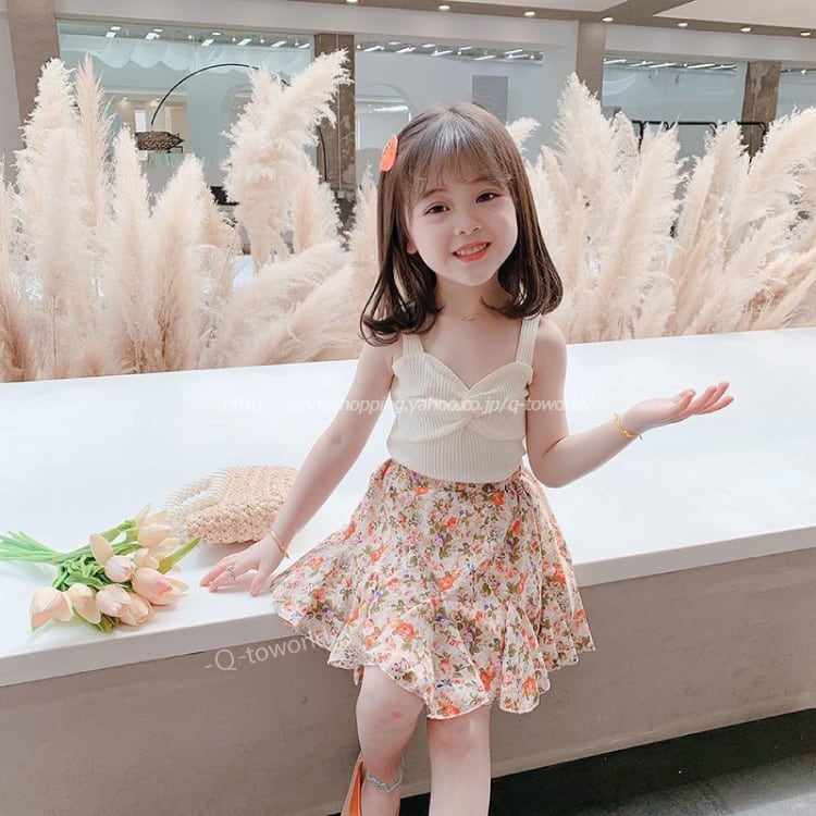 90㎝-140㎝】2点セット トップス＋スカート 花柄 キャミ セットアップ 