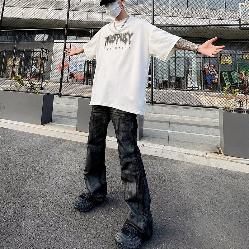 BLACKLISTS黒のコーティングデニムフレアパンツ | mblueshop