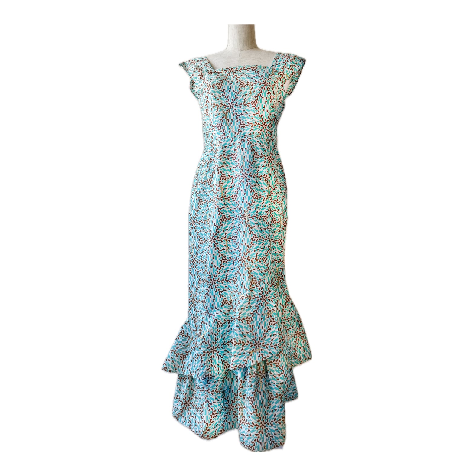 アフリカン　ワンピース　フリル襟 アシンメトリーフリルワンピース スカイブルー （ガーナ産上質