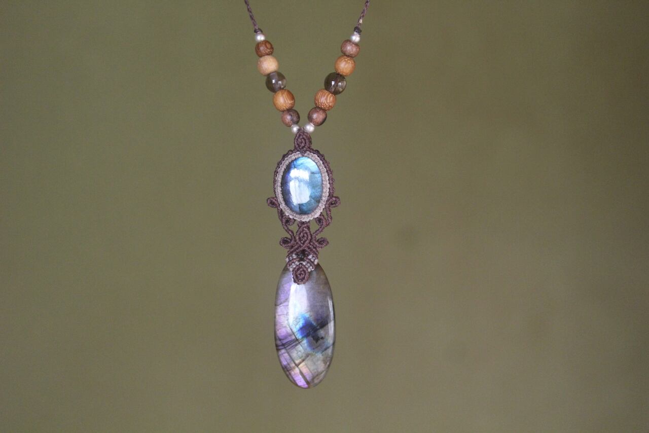 Multi purple Labradorite & Labradorite  micro macrame woody pendant