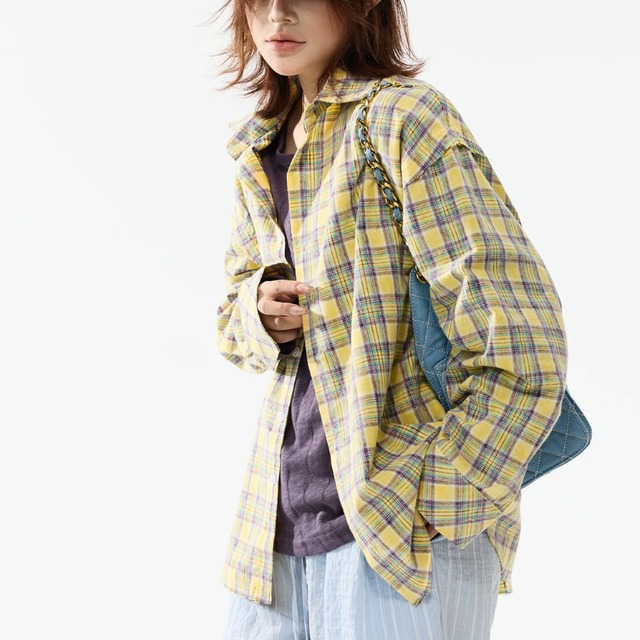 yellow checked lettering shirt　イエローチェック柄レタリングシャツ　J2110