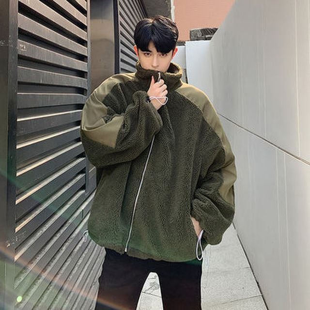 【予約販売】ボアブルゾン ハイネック 異素材MIX アウター ボアジャケット ショート丈 メンズ ゆったり カーキ ブラック 防寒 お洒落 カジュアル ベーシック 秋冬 大きいサイズ M/L/XL/2XL