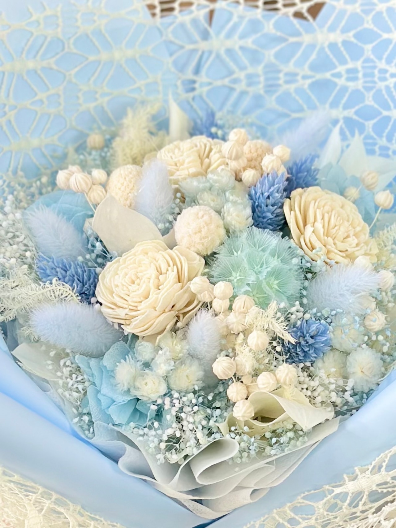 4.置けるドライフラワー花束(花てまり/水色・白色) □Мサイズ 【数量限定商品】 画像4