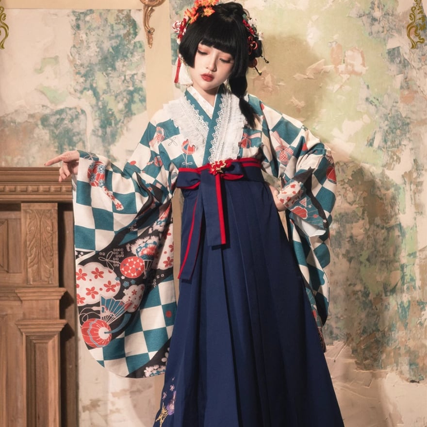 即納 和ロリ 着物 グリーン 市松模様 大正浪漫風 イベント衣装