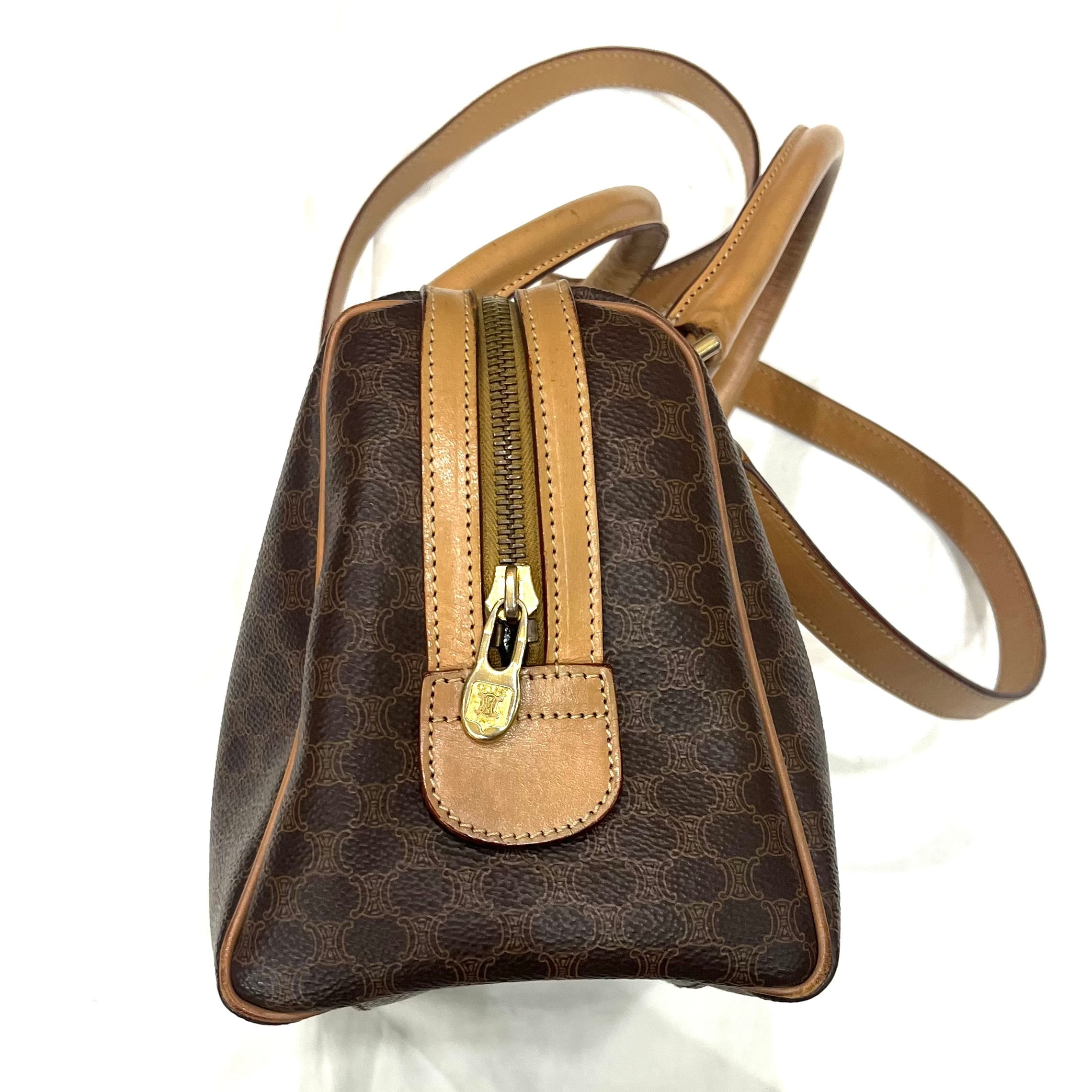 【CELINE】2wayバッグ　ボストンバッグ　マカダム柄　ゴールド金具　PVC CELINE セリーヌ マカダム柄 ボストンバッグ PVC レザー ブラウン M14
