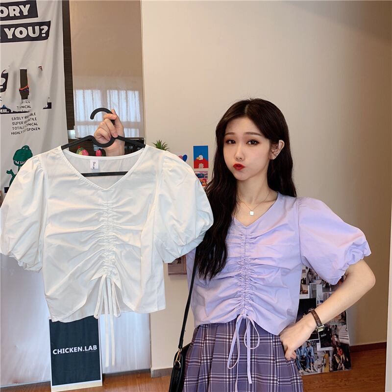 夏の新入生の陰謀デザインセンスニッチ巾着ショートジャケットエインスタイルVネックバブル半袖シャツ女性 1号婦人22824582395