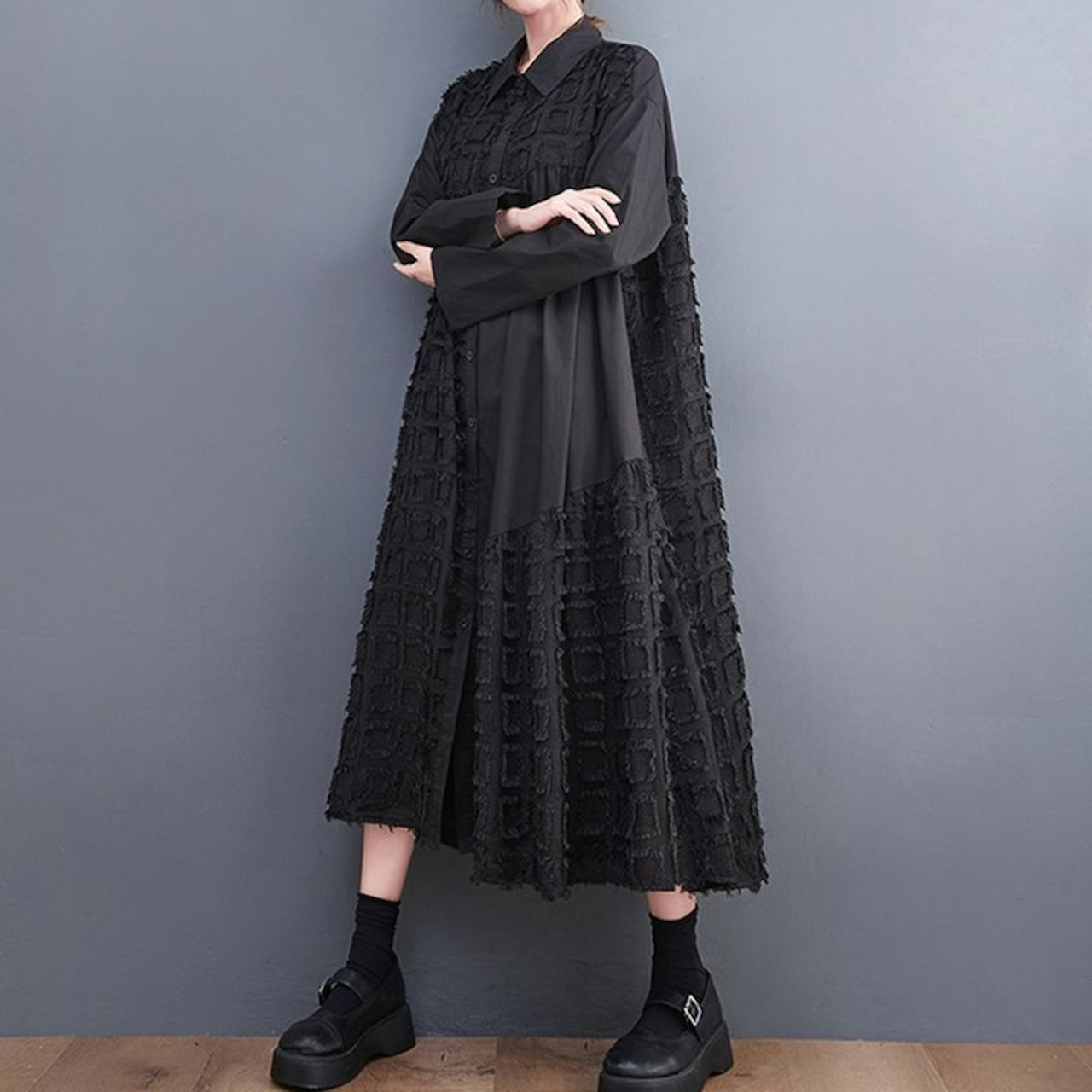 異素材切替 立体テクスチャ ワンピース 00332