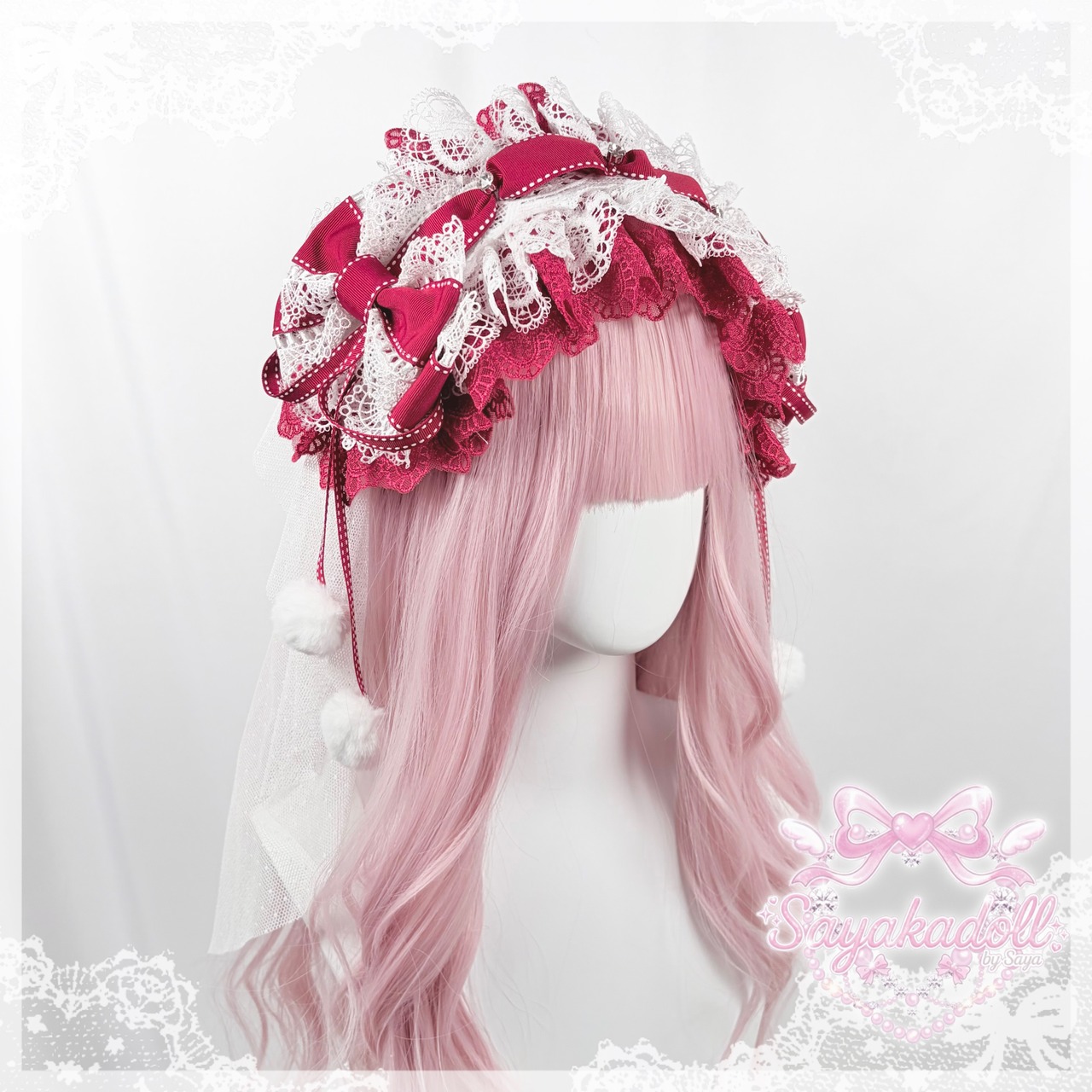 ♡【全5色】MAID 3way マシュマロリボンの夢色フリルレースヘッドドレス＋ヴェールセット winered ♡