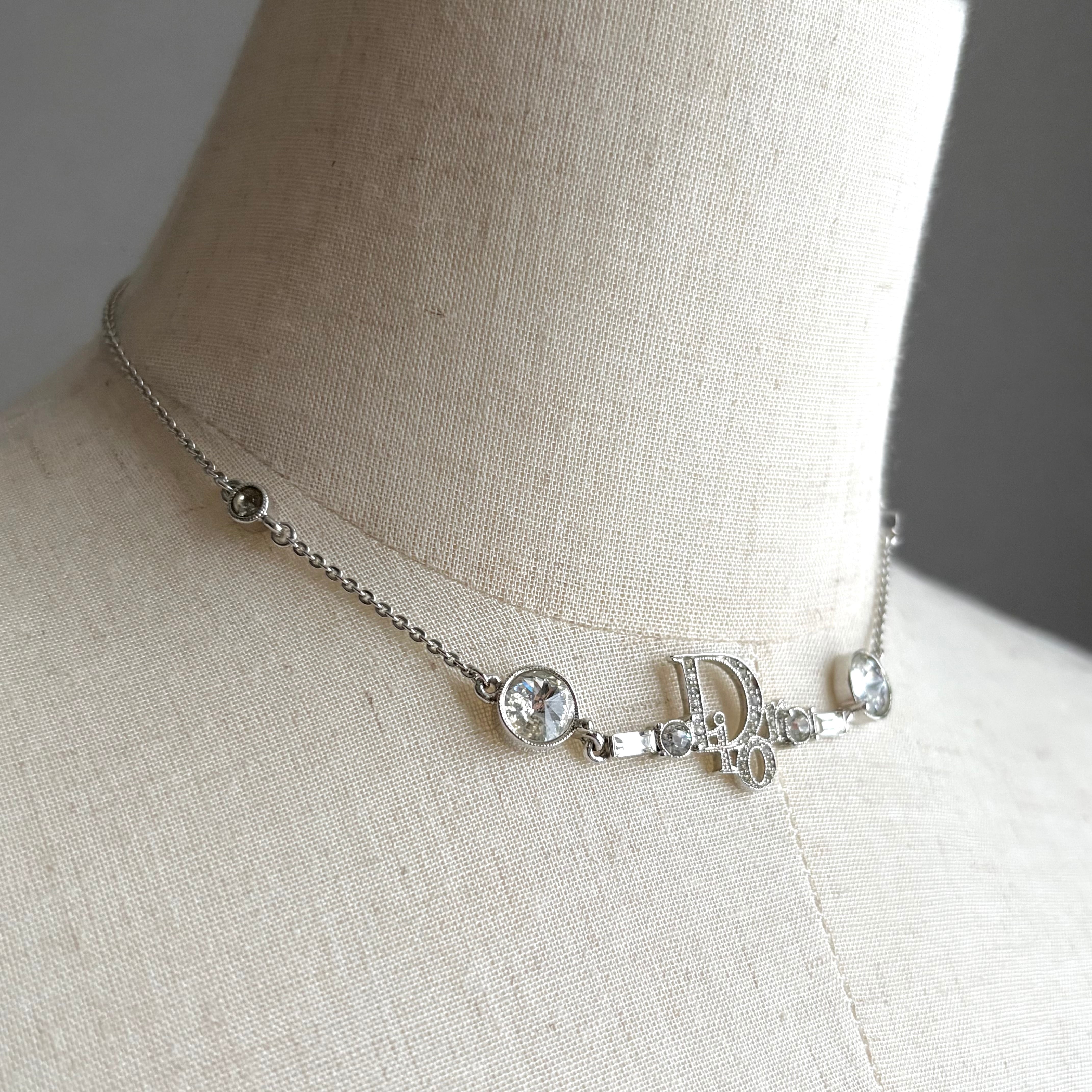 Christian Dior vintage rhinestone logo silver choker クリスチャン