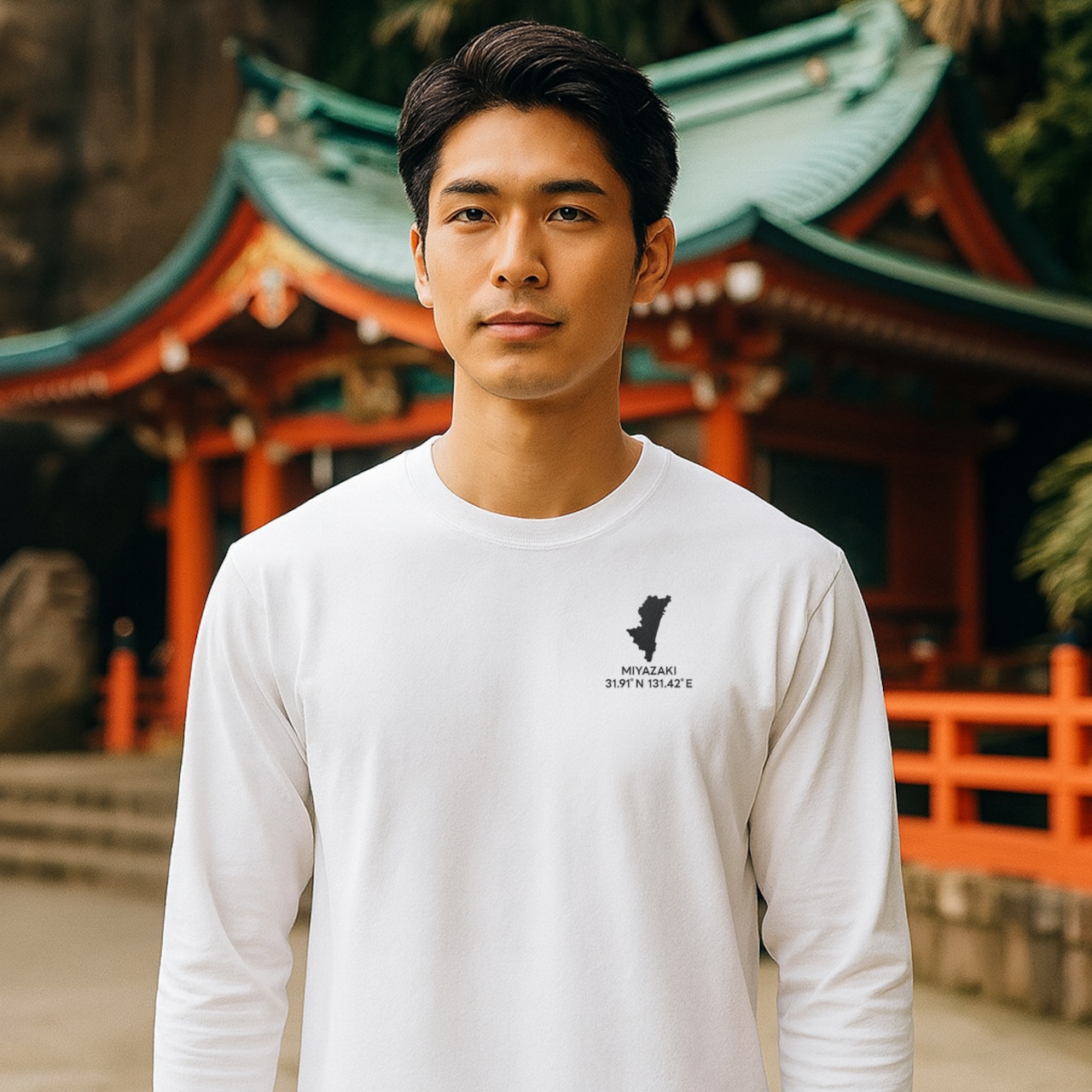 《宮崎》 緯度経度ミニマルロングスリーブTシャツ|地図×地名×ワンポイントデザイン