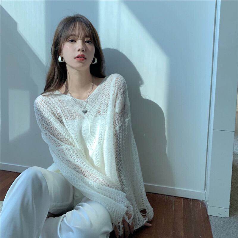 ニットセーター レディースルーズ薄手ブラウス サマーホワイトトップス ロング 夏物 ブラックストロベリース88322239568