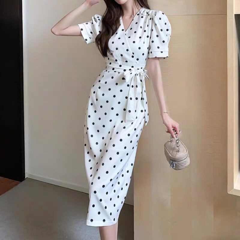 カシュクール ワンピース ポルカドット 半袖 ロング 韓国 cr8620 大人気!カシュクールドット柄着痩せデートワンピース 韓国