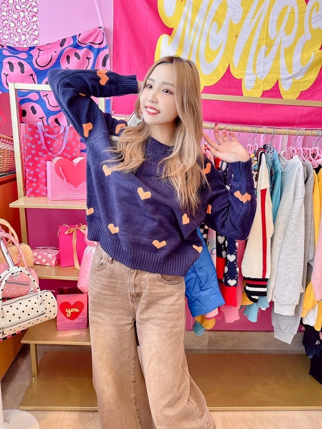 Navyハートロゴニットトップス/韓国/レディースファッション/可愛い/おしゃれ/ラフ/カジュアル/大人/モノトーン/シンプル/冬（6-235）