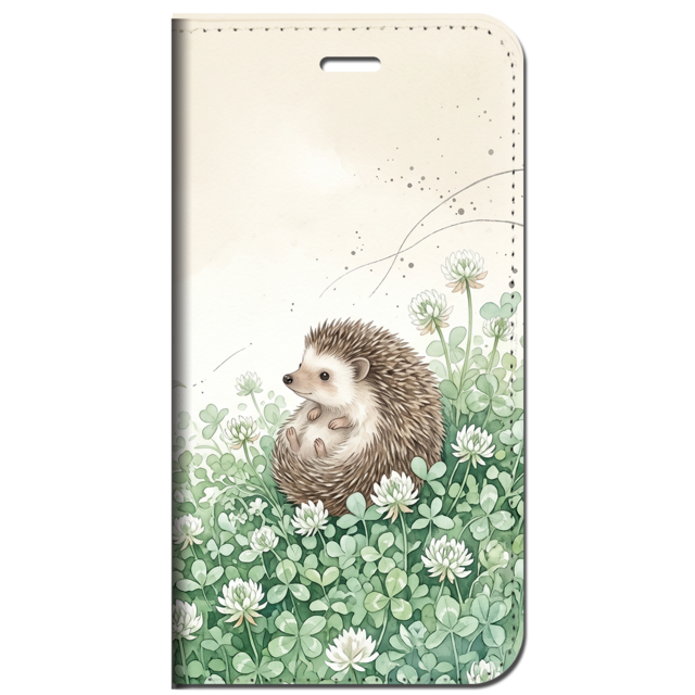 iPhone対応 スマホ 手帳型ケース ハリネズミ シロツメクサ クローバー ミントグリーン サンドベージュ 水彩 動物 ボタニカル 大人可愛い 絵本風 癒やし スマホケース スタンド 【iPhone17 / iPhone16e / iPhone16 他 iPhone各機種対応】 |ianusl05