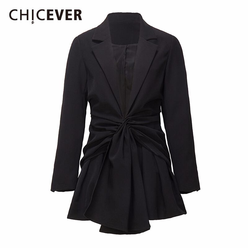 CHICEVERブラックブレザーレディースノッチカラー長袖ウエストシャーリングスカート裾ルーズコート2020服 ロング 6base527296309609