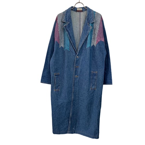 『VINTAGE colorful stripe paint beads big silhouette over size single button slit denim long coat 』USED 古着 ヴィンテージ カラフル ストライプ ペイント ビーズ ビッグ シルエット オーバー サイズ シングル ボタン スリット デニム ロング コート