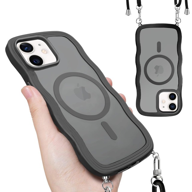 対応 iPhone 12 ケース ストラップ付き アイフォン 12Pro カバー Magsafe対応 あいふぉん12 スマホケース 半透明 ブラック